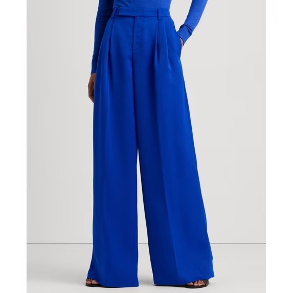 Lauren Ralph Lauren Women's Pleated Satin Crepe Wide Leg Pants Sapphire Size 12